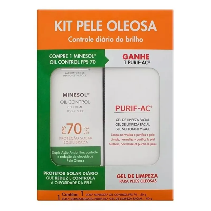 Kit Roc Minesol Protetor Solar Facial Toque Seco FPS 70 50g + Gel de Limpeza PURIF-AC 80ml