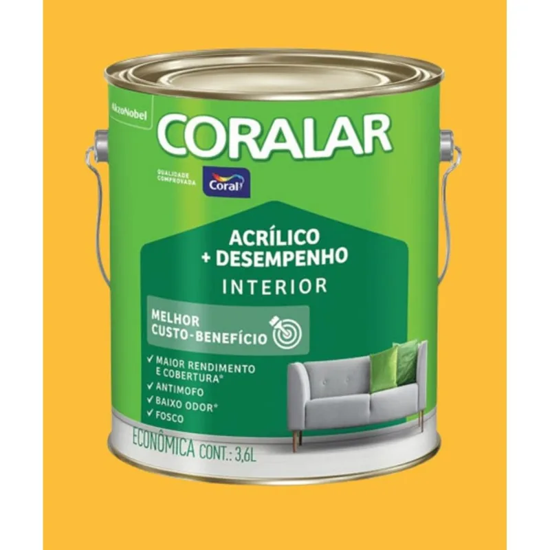 Tinta Econômica Acrílica Fosco + Desempenho 3,6L Coralar Tinta Econômica Acrílica Fosco + Desempenho Amarelo Frevo 3,6L Coralar