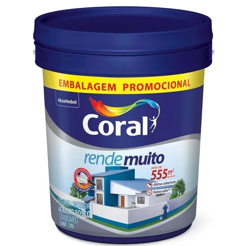 TINTA ACRÍLICA FOSCA STANDARD RENDE MUITO BRANCO 20 LITROS - CORAL - Tintas E Acessórios