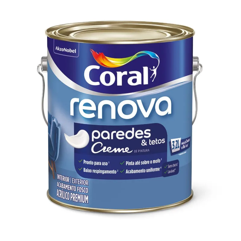 Tinta Acrílica Premium Renova Paredes e Tetos Interior e Exterior Branco Fosco 3,2l Coral - Coral - Tinta