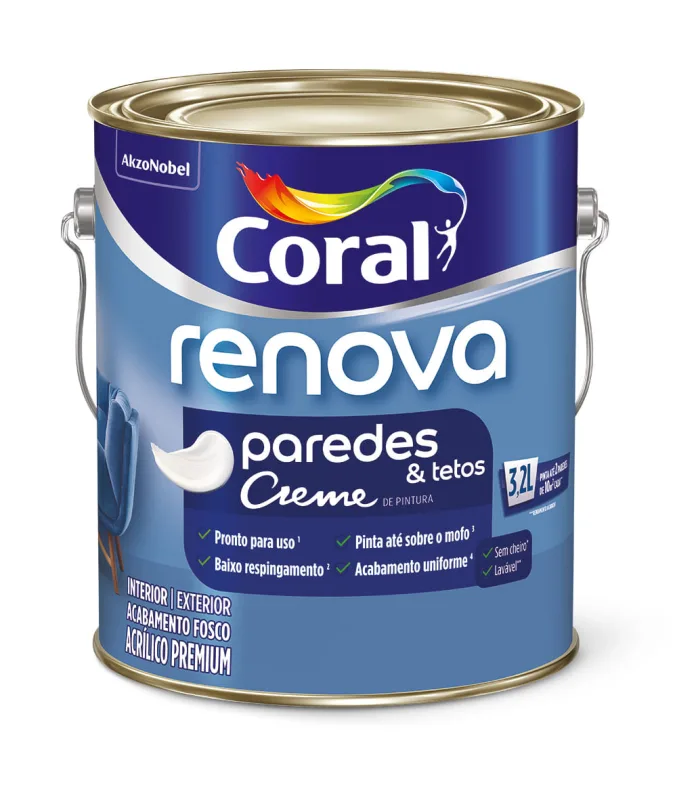 Tinta Acrílico Premium Renova Paredes E Tetos Acabamento Fosco Cor Branco Gelo Interior E Exterior 3,2 Litros Coral - Coral - Tinta