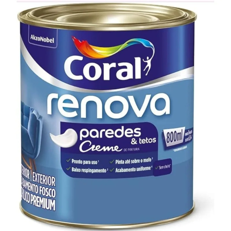 Tinta Acrílica Premium Renova Paredes e Tetos Interior e Exterior Branco Fosco 800ml Coral - Coral - Tinta