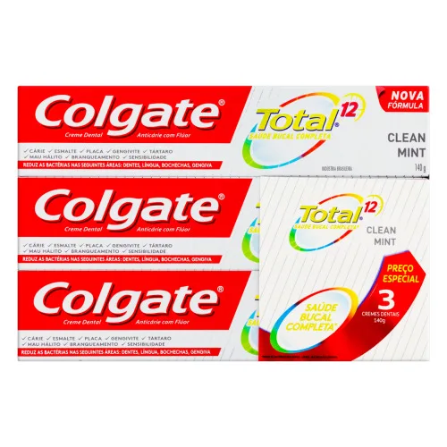 PACK CREME DENTAL CLEAN MINT COLGATE TOTAL 12 CAIXA 3 UNIDADES 140G CADA - COLGATE