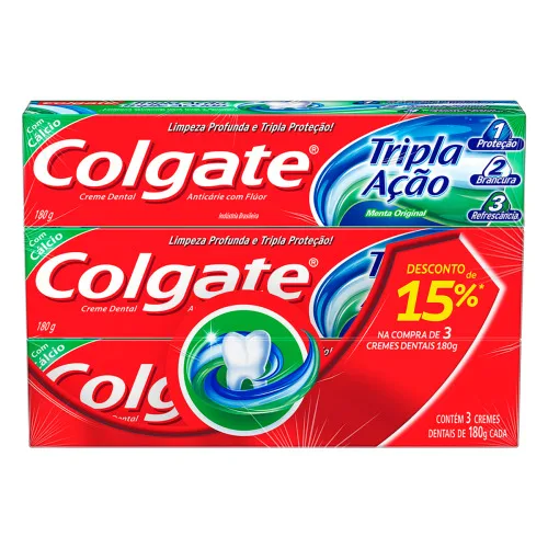 PACK CREME DENTAL MENTA ORIGINAL COLGATE TRIPLA AÇÃO CAIXA 3 UNIDADES 180G CADA GRÁTIS 15 DE DESCONT - COLGATE