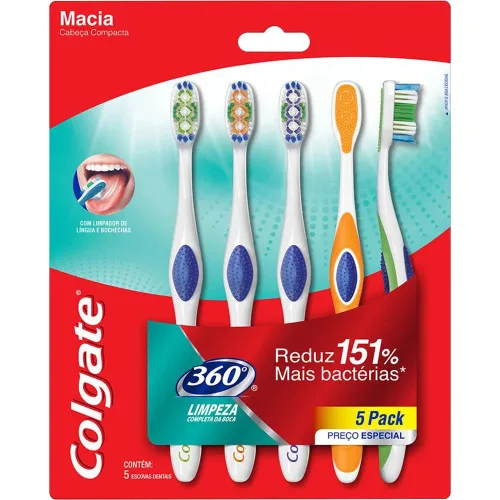 Escova Dental Macia Colgate 360° 5 Unidades - COLGATE - Higiene E Beleza