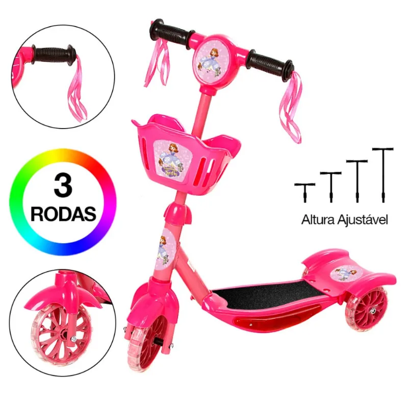 Brinquedo Infantil Patinete Scooter 3 Rodas Com Cesta Luz E Som Rosa Princesinha Sofia Art Brink