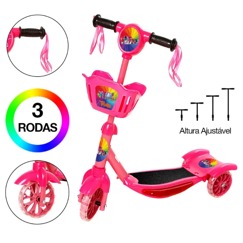 Brinquedo Infantil Patinete Scooter 3 Rodas Com Cesta Luz E Som Rosa Trolls Art Brink