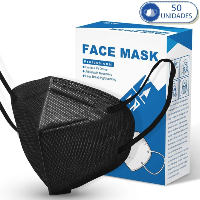 Pacote de 50 Máscaras Descartáveis KN95 PFF2 Preto Com Clipe Nasal e Elástico de Orelha