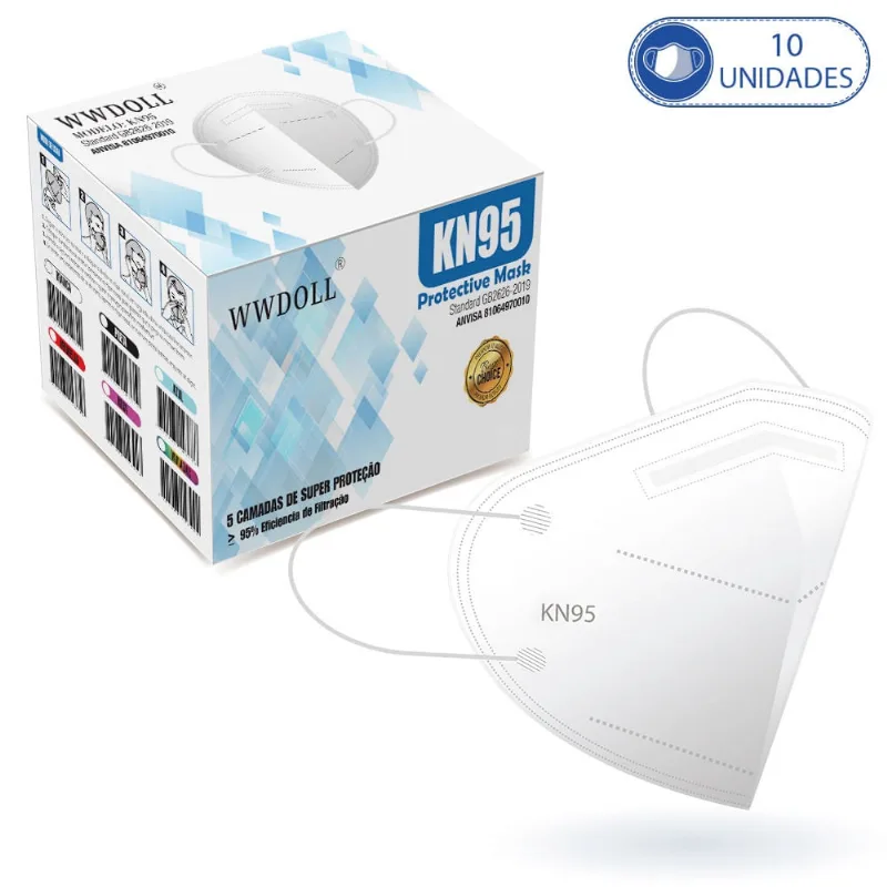 10 Máscaras KN95 Branca Descartáveis WWDoll Cinco Camadas 95% de Eficiência Clip Nasal