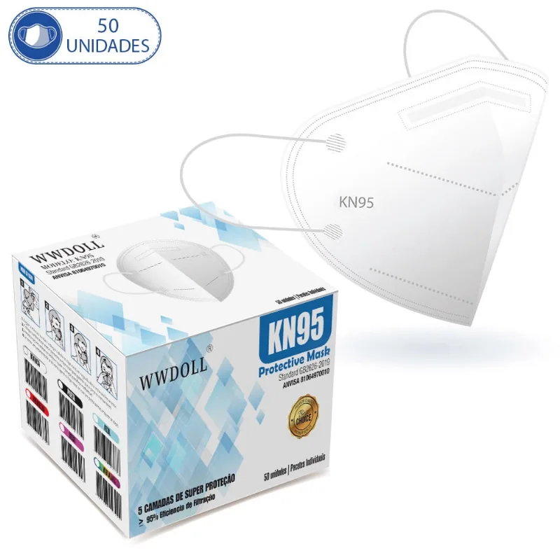 50 Máscaras KN95 Descartáveis Branca WWDoll com Filtro Clipe para Nariz 95% de Eficiência