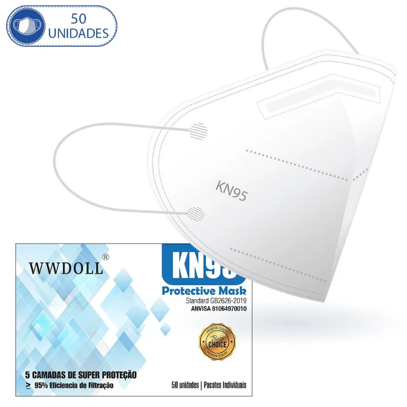 Kit 50 Máscaras Descartáveis KN95 WWDoll Cinco Camadas Branca com Clipe Nasal