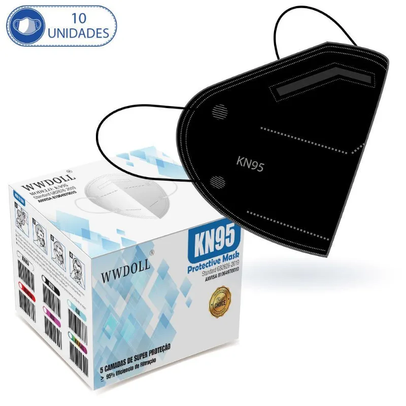 10 Máscaras Kn95 Descartáveis Preta Wwdoll Com Filtro Clipe