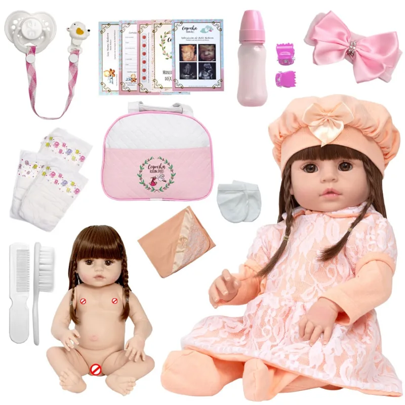 Boneca Tipo Reborn 100% Silicone 46cm + Vários Acessórios