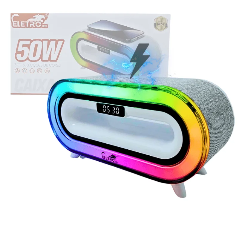 Caixa De Som Com Relógio Digital Luz Led Rgb Por Indução 50w