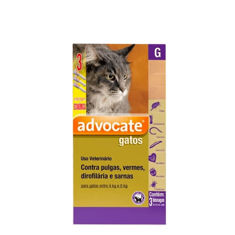 Advocate Gatos Combo -de 4kg até 8kg- 3 pipetas c/ 0,8ml