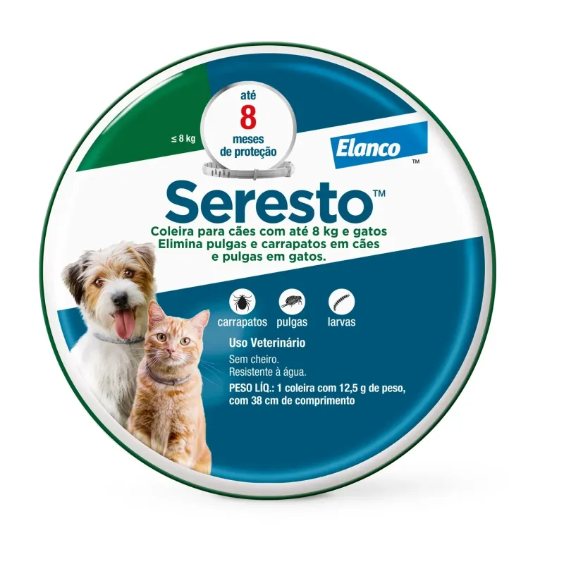 Coleira Antipulgas Seresto Cães e Gatos até 8 kg - 8 Meses de Proteção - Seresto