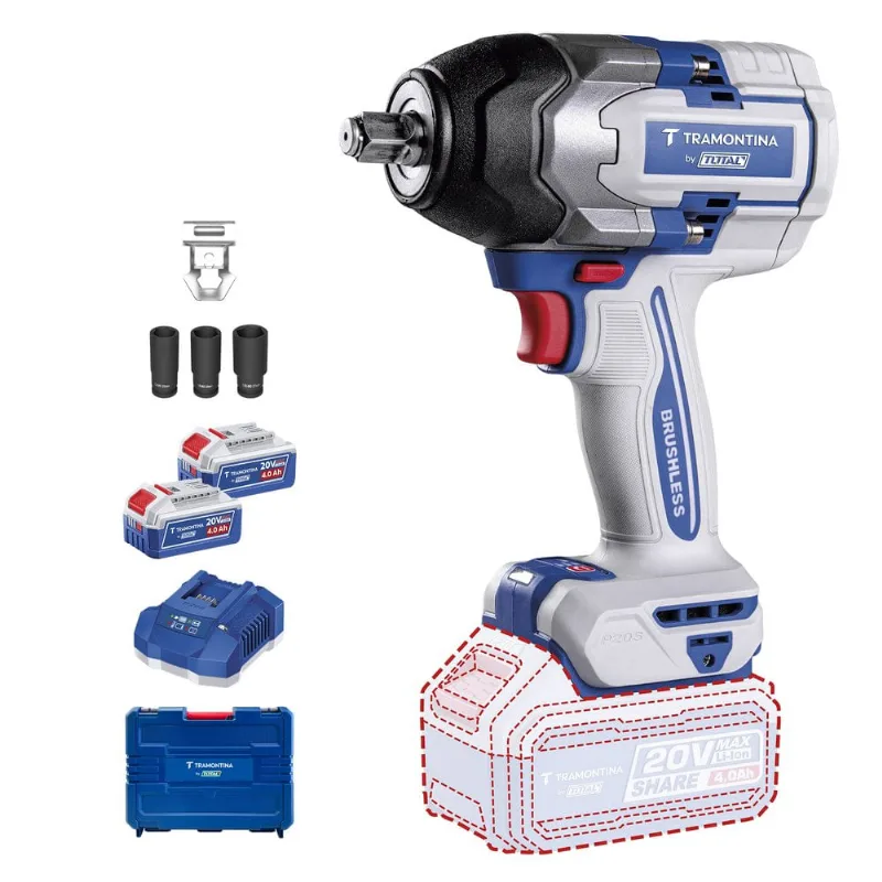 Maleta Chave De Impacto 1/2" (12,7 Mm) 20V 0-850 N.M Brushless Com 2 Baterias 20V De 4,0Ah, Carregador Tramontina