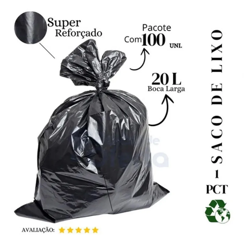 Saco de Lixo Super Reforçado Preto 20L Pacote com 100 Unidades Higipack