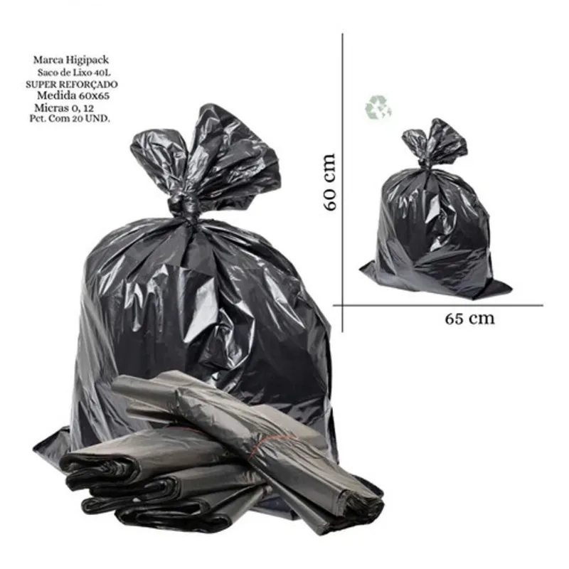 Saco de Lixo 40L Super Reforçado de Plástico Preto com 20 Unidades Higipack