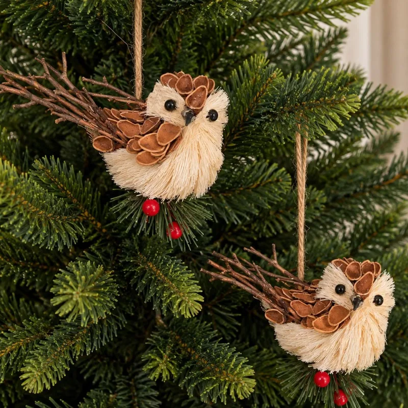 Pendente Passarinho Enfeite Árvore Natal Palha 15cm Kit 2pçs