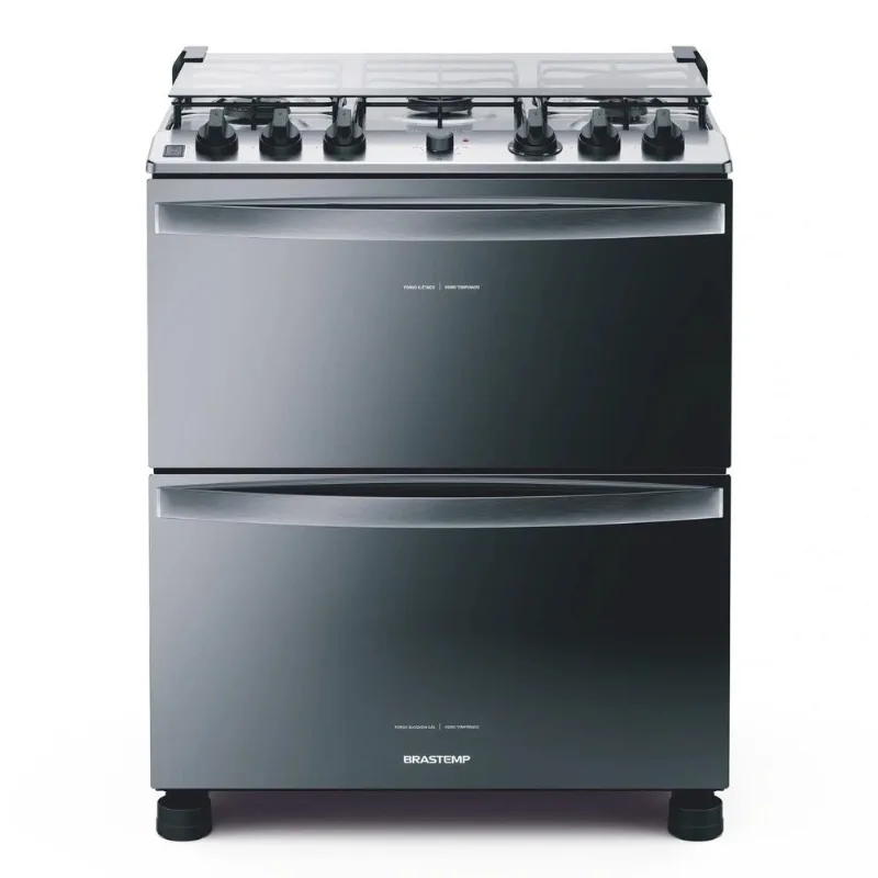 Fogão Brastemp 5 Bocas Duplo Forno cor Inox Com Botões Removíveis e Exclusivo Aro Protetor - BFD5NCR 220V