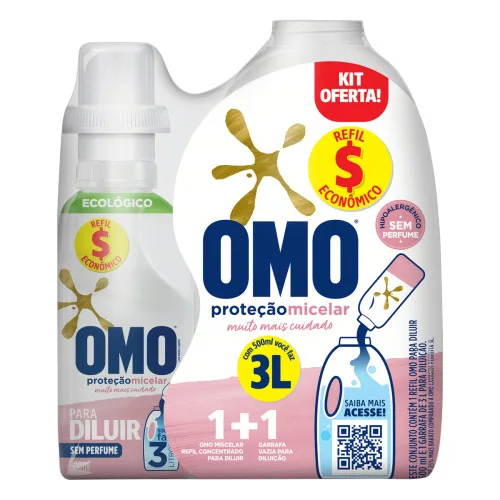 KIT GARRAFA PARA DILUIÇÃO + LAVA-ROUPAS LÍQUIDO PARA DILUIR SEM PERFUME OMO PROTEÇÃO MICELAR 500ML REFIL ECONÔMICO - PERFUME - Limpeza