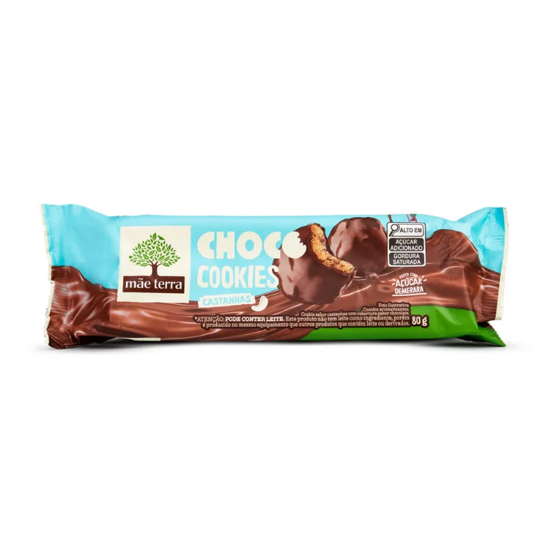 Biscoito Cookie Vegano Castanhas Brasileiras Cobertura Cacau Mãe Terra Choco Pacote 80g