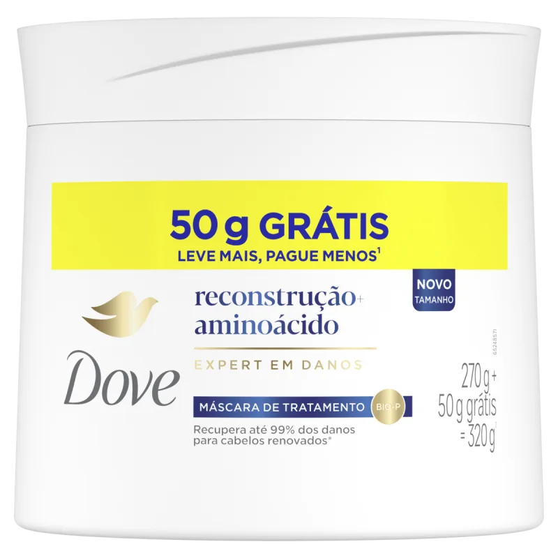 Máscara de Tratamento Reconstrução 370g Dove Aminoácido Cabelos Danificados Vegana - Dove - Cabelos