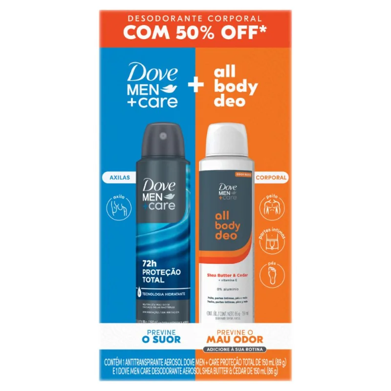 Kit Dove Desodorante Antitranspirante Aerosol Dove Men+ Care Proteção Total 150ml + Dove Men Desodorante Corporal Shea Butter & Cedar 150ml - DOVE - Higiene E Cuidados Pessoais