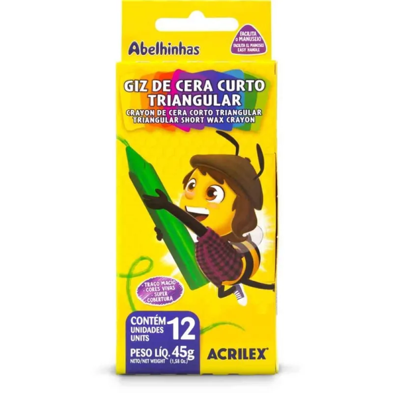 Giz de Cera Curto 12 Cores Triangular - Acrilex - Papelaria