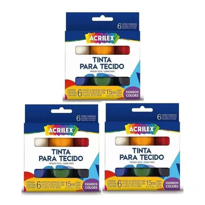 Kit 3 Caixas Tinta Para Tecido 6 Cores Fashion Colors