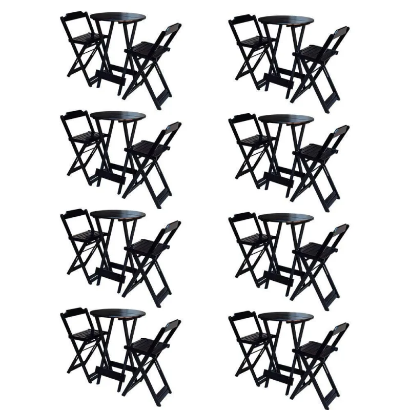 Kit 8 Jogos De Mesa Bistrô De Madeira Com 2 Cadeiras Dobravel Preto - Preto - OUTRAS MARCAS - Agro