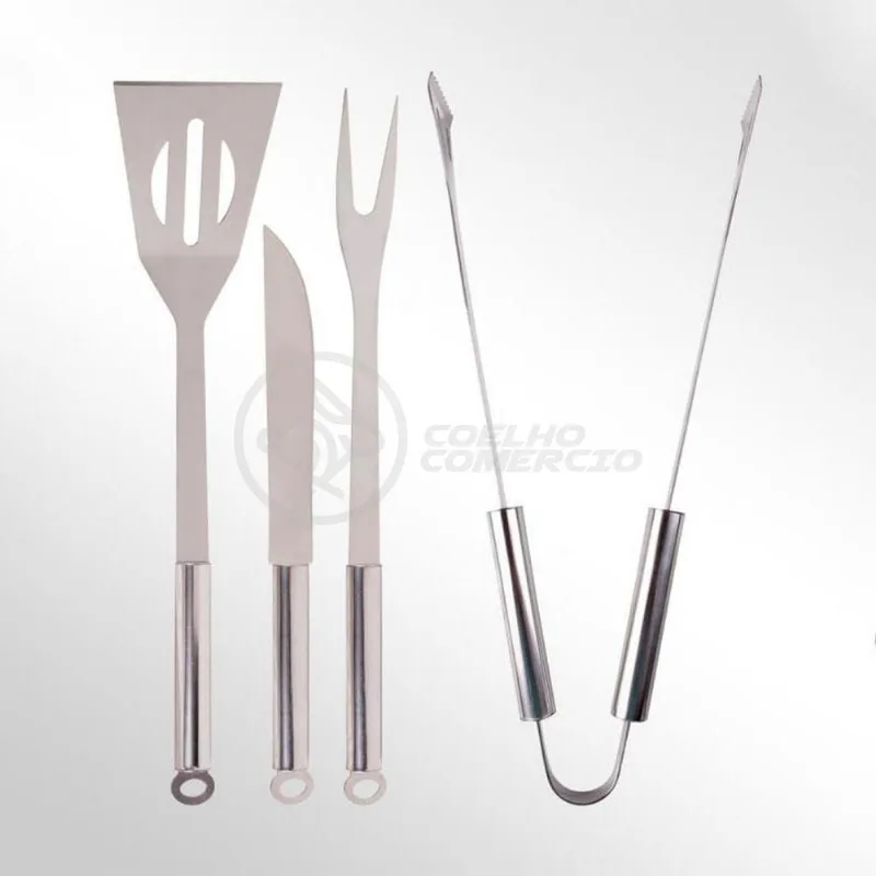 Kit P/ Churrasco Com 4Pçs Inox Espátula Faca Garfo Pegador