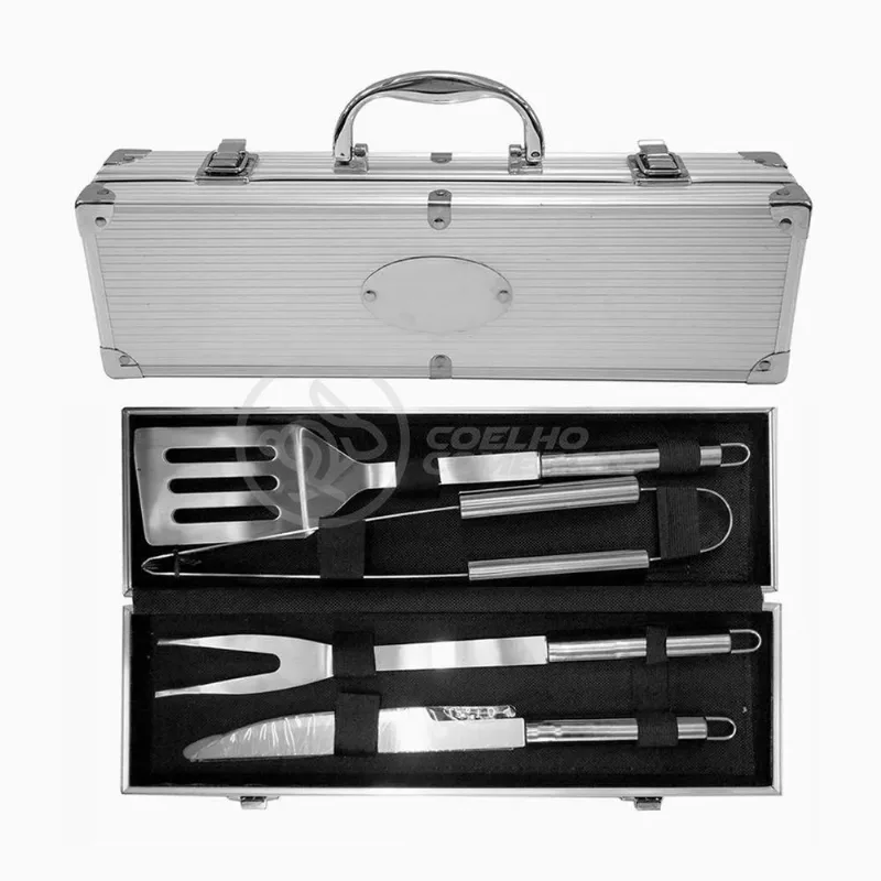 Kit P/ Churrasco Com 4Pçs Inox Espátula Faca Garfo Pegador