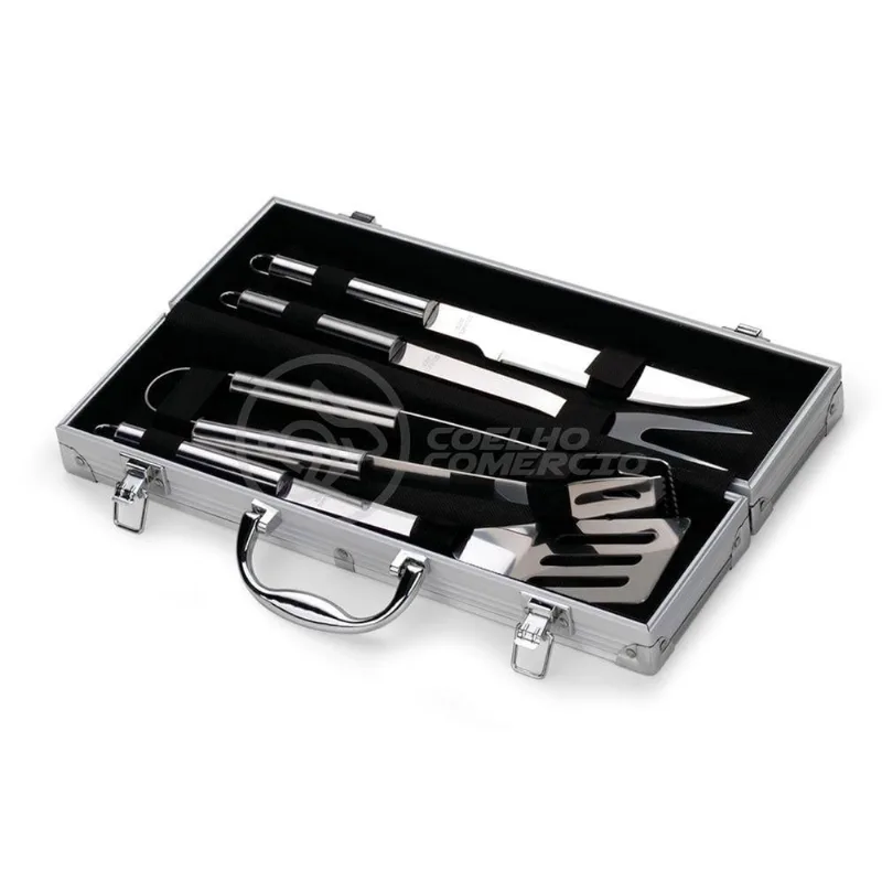 Kit P/ Churrasco Com 4Pçs Inox Espátula Faca Garfo Pegador