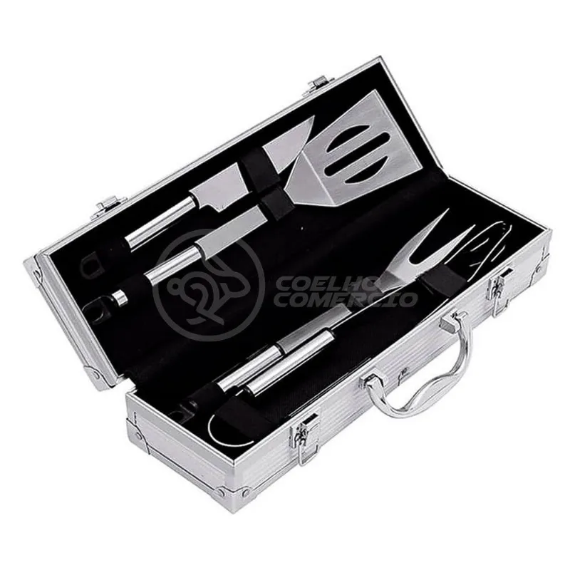 Kit P/ Churrasco Com 4Pçs Inox Espátula Faca Garfo Pegador
