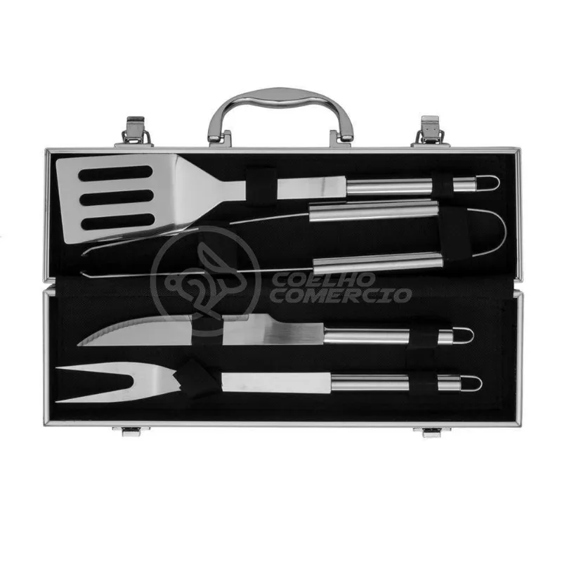 Kit P/ Churrasco Com 4Pçs Inox Espátula Faca Garfo Pegador