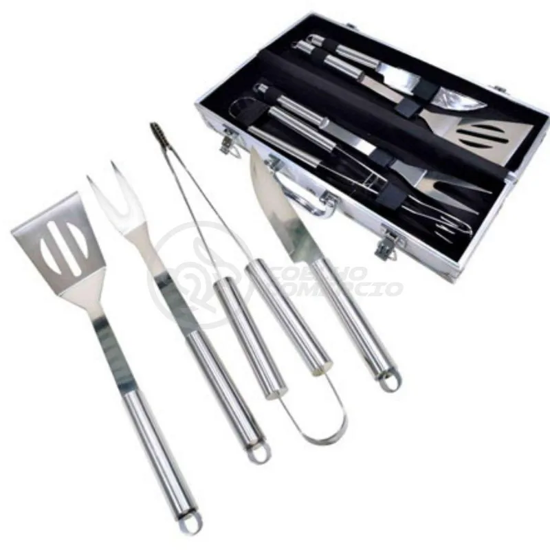 Kit P/ Churrasco Com 4Pçs Inox Espátula Faca Garfo Pegador