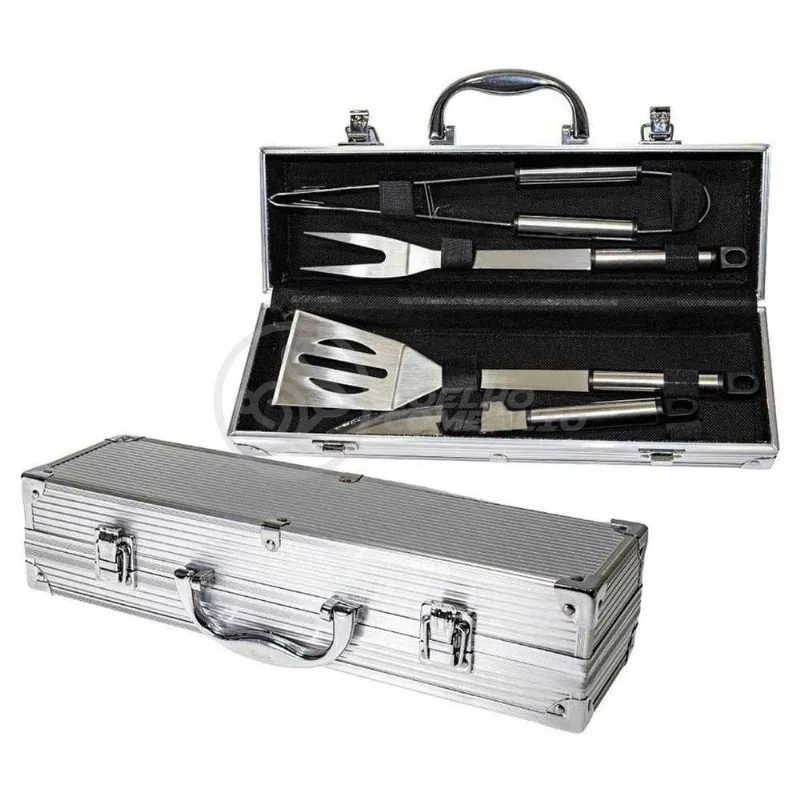 Kit P/ Churrasco Com 4Pçs Inox Espátula Faca Garfo Pegador