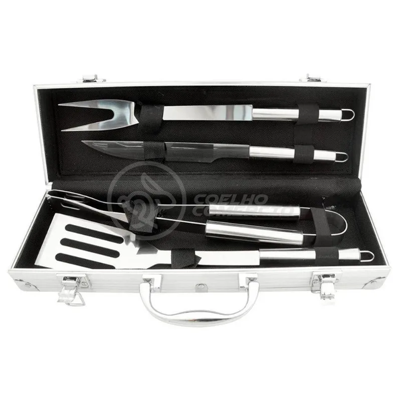 Kit P/ Churrasco Com 4Pçs Inox Espátula Faca Garfo Pegador