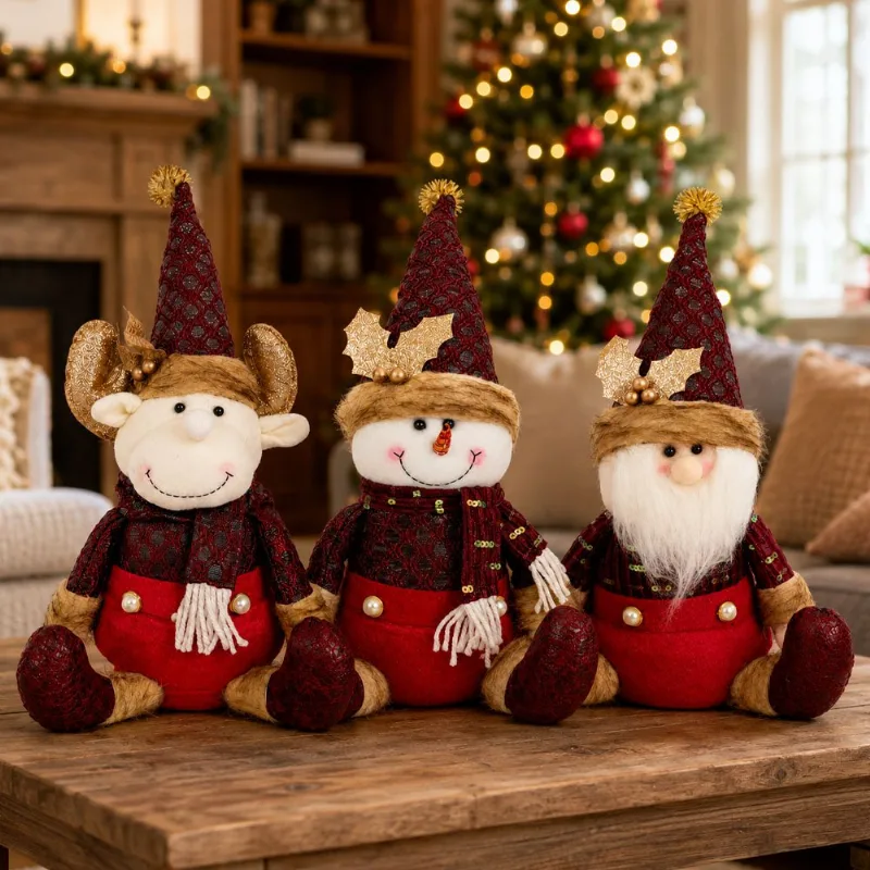 Trio Boneco Natal Papai Noel Rena Neve Sentado Enfeite 40cm