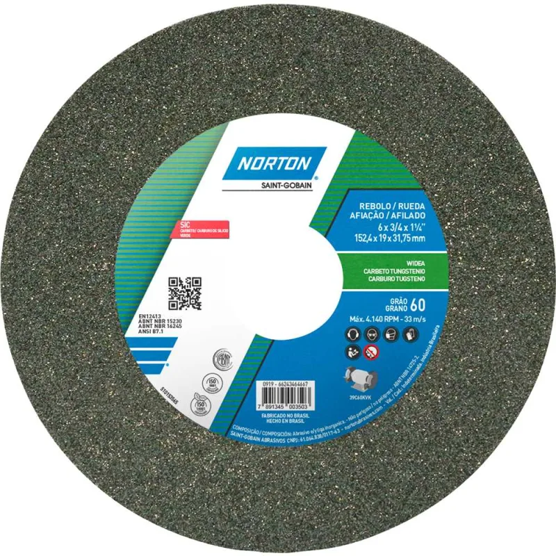 Rebolo reto 6" x 3/4" 39C grão 60 verde - NORTON - NORTON - Abrasivos