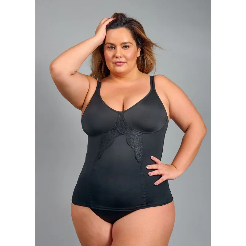 Camisete Modelador Sem Bojo Com Tecido Duplo no Busto Em Microfibra E Detalhes Em Renda Sensual Redutora PRETO 48