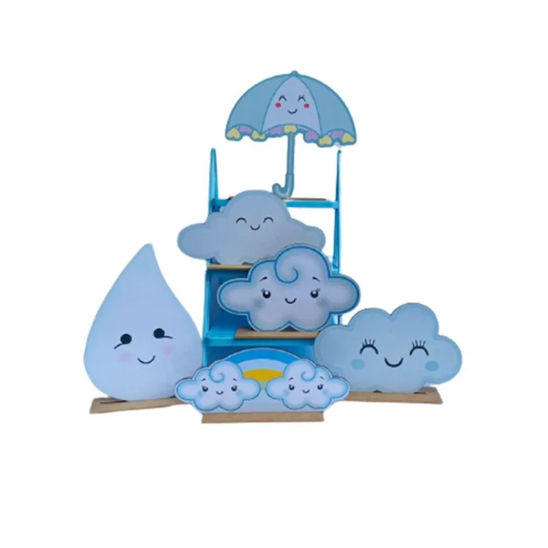Kit Display De Mesa 6 Peças Festa Chuva De Amor Azul Mdf
