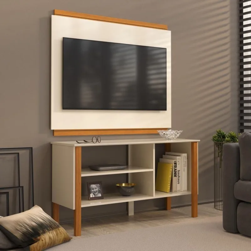 Rack Tv 32 Polegadas Com 3 Prateleiras E Painel 90cm Asteca - Off White E Cedro - OUTRAS - Móveis