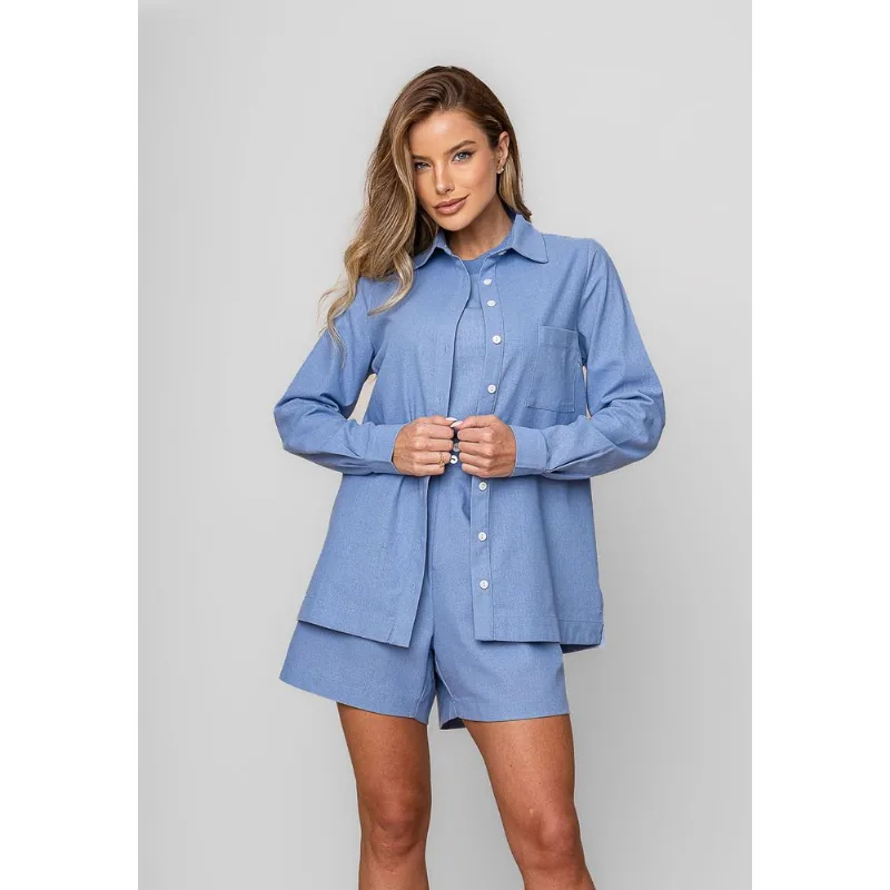 Camisa Alfaiataria Linho M/L Com Bolso Azul Salvatore Tamanho GG