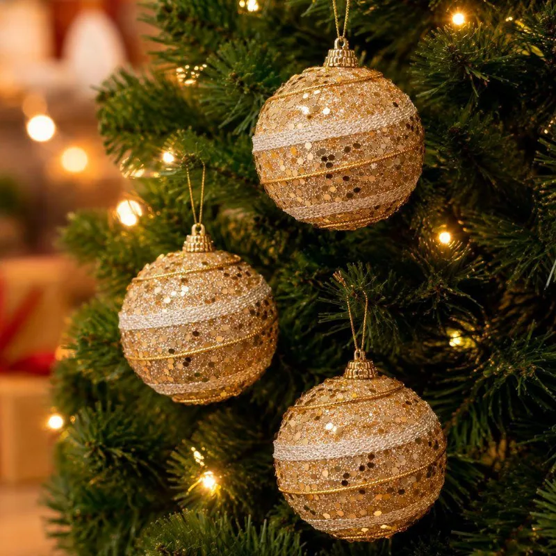 Bolas Natal Glitter Dourado Decoração Enfeite Isopor Kit 12pc 7cm
