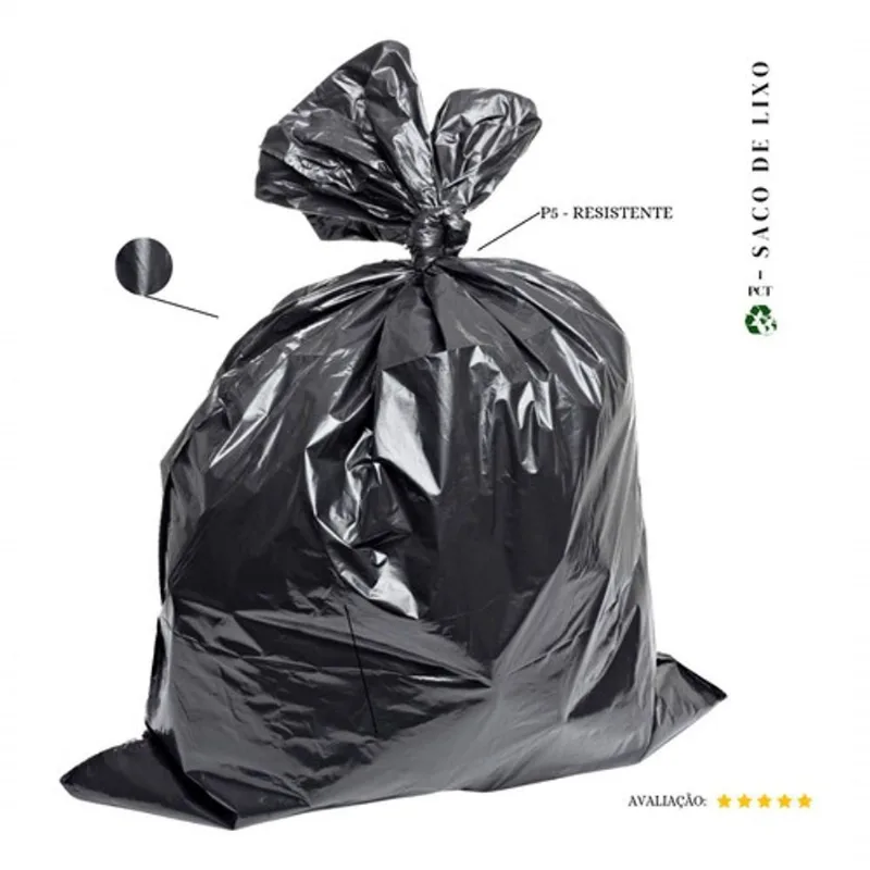 Saco de Lixo 200 Litros P5 Preto 0,07 MICRAS Resistente com 50 Unidades para Uso Doméstico Higipack