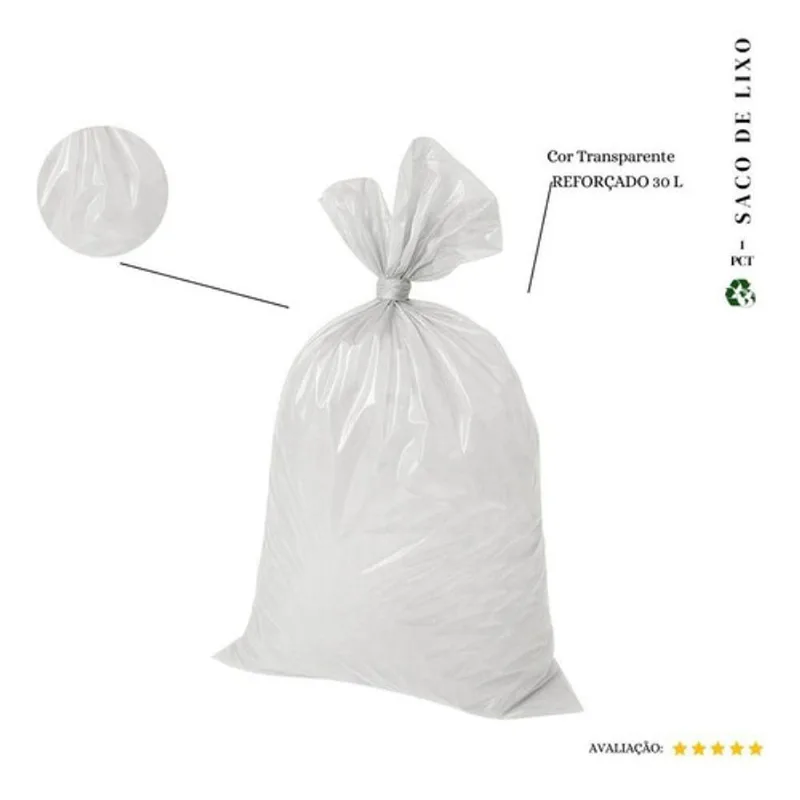Saco de Lixo 30L Reforçado Transparente 0,36 Micras para Resíduos Médios Higipack com 20 Unidades