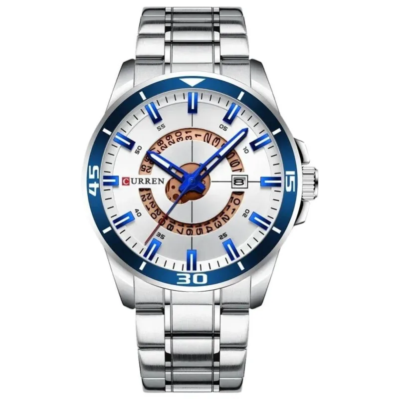 Relógio de Pulso Masculino Curren Quartzo com Pulseira de Aço Inox Branco à Prova D Água 50MM - Curren - Agro